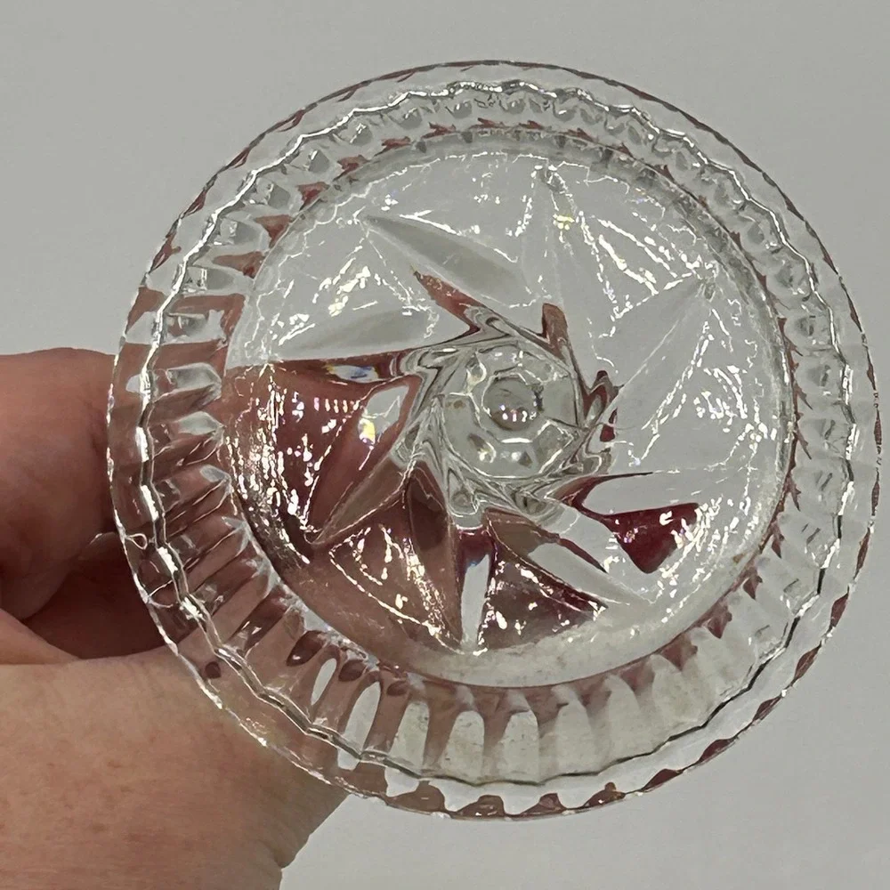 Vintage Clear Pressed Glass Thick Ring Holder Starburst Base Ribbed Trinket Dish